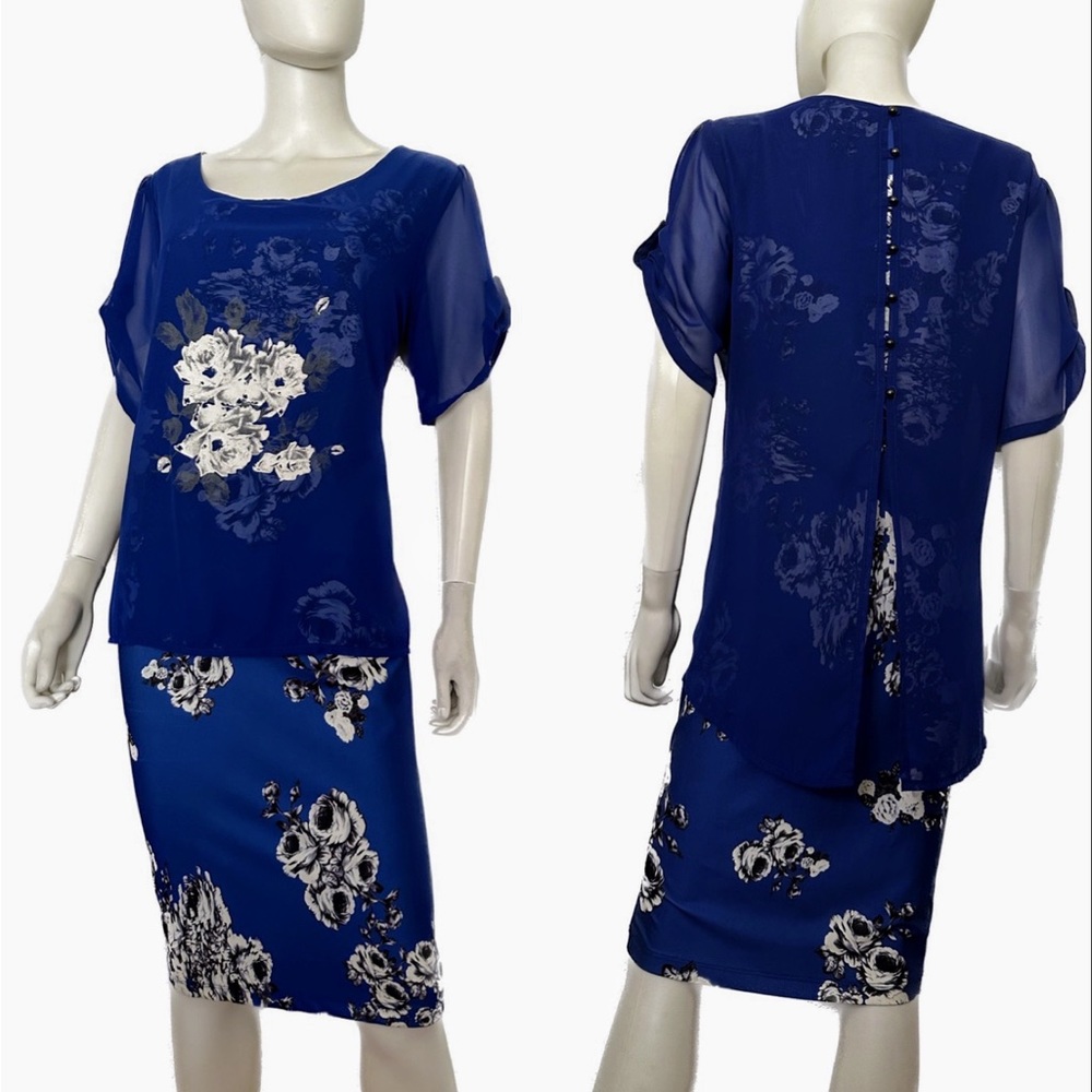 STELLA PLUS SIZE CHIFFON OVERLAY‎ DRESS SHORT SLEEVES IN ROYAL BLUE FLORAL PRINT